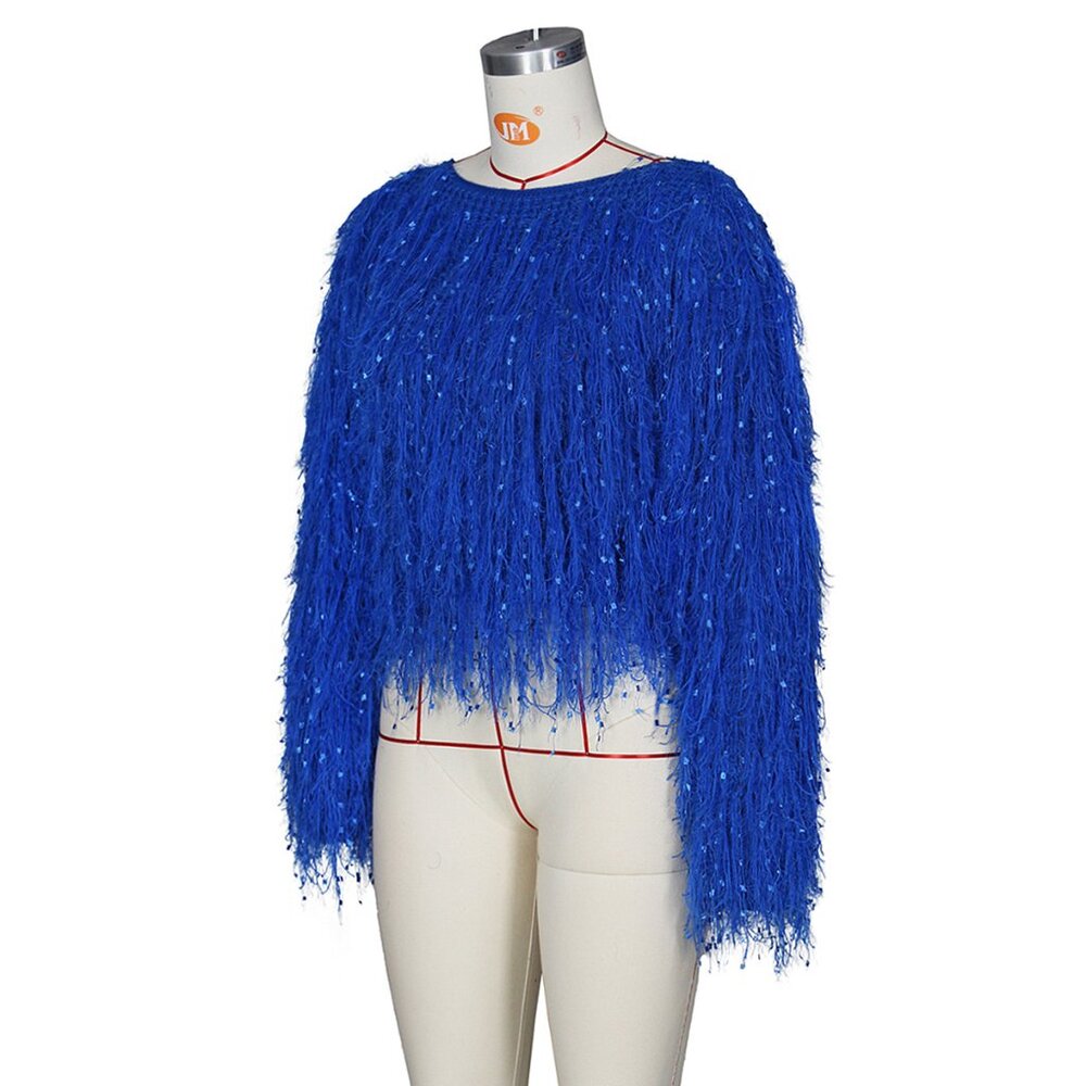 QUIRKY GOTH PARTY ROYAL ELECTRIC BLUE LONG SLEEVE CROP SWEATER DOT FRINGES XL